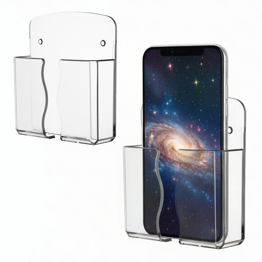 Yolev Wall Mounted Phone Holder, Clear Self Adhesive Stand with Charging Hole, Compatible with Smartphones, Bedside Organizer for Home Office, 2-Pack