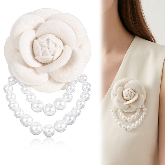 Pearl Chain Flower Brooch, Camellia Large Vintage Brooches for Women, Floral Hairpin Headpieces Bracelet for Wedding Birthday Party(Women)