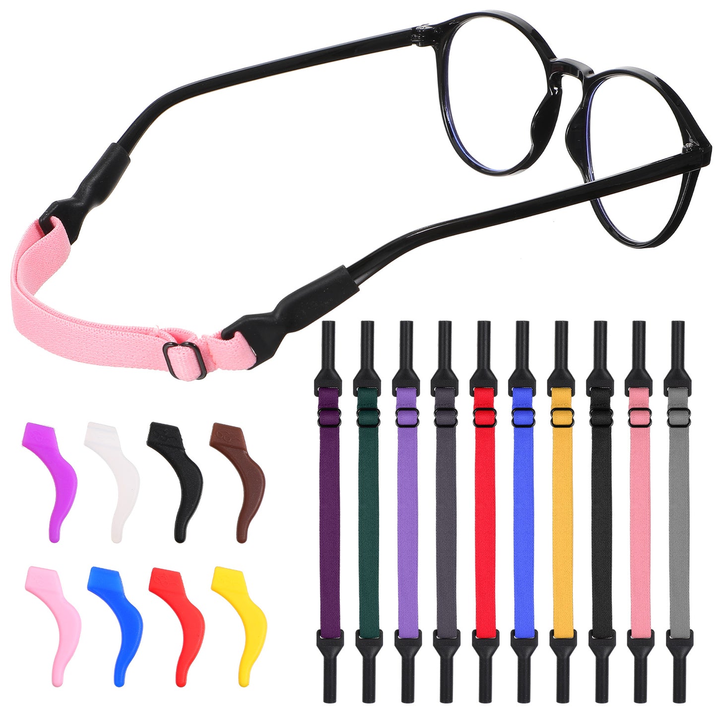 Tucnoeu 10PCS Glasses Strap and 10 Pairs Glasses Ear Grip, No Tail Eyeglasses Holders Around Neck for Women, Adjustable Eyewear Retainer Safety String Rope