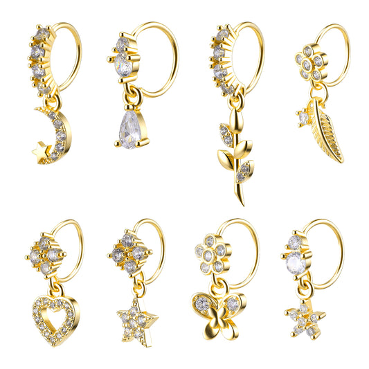 Yolev 8pcs Gold Dangle Nose Ring with Charm Dangling Nose Ring for Women 20G Dangle Noses Rings for Women Heart Flower Star Moon Leaf Butterfly Dangly Noses Rings Hoop