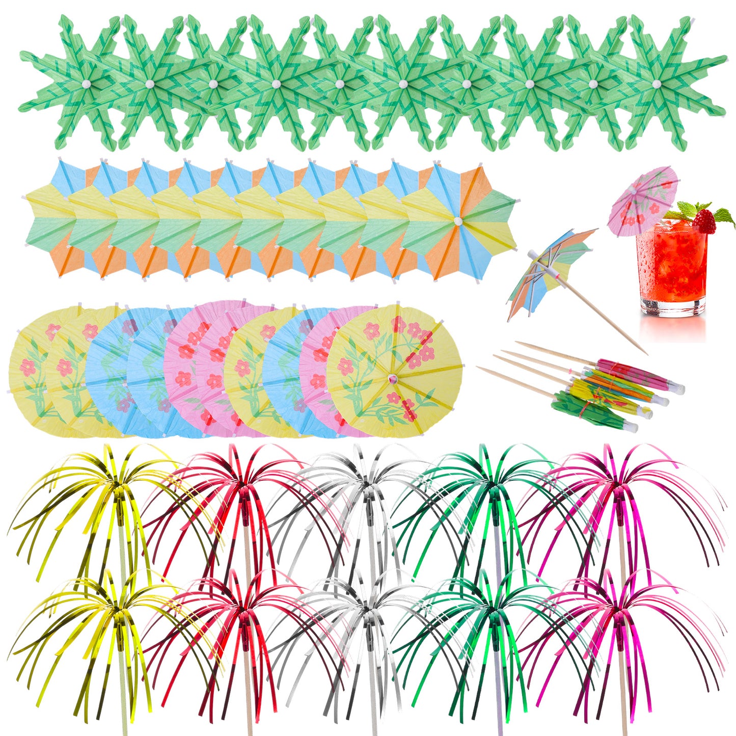 Drink Umbrellas Cocktail Picks, Firework Drink Stirrers Coconut Palm Umbrellas, Tropical Cocktail Sticks Drink Umbrella for Fruit Drinks Hawaiian Party Decorations Cocktail Accessories