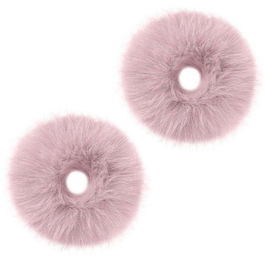Lusofie 2Pcs Pale Pink, Pompom Hair Tie Furry Faux Rabbit Fur Fuzzy Scrunchies, Pale Pink Fuzzy Hair Ties Baby Hairs Ties Ponytail Holders Pom for Girl Women