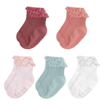 HekouJiub 5 Pairs Baby Girl Ruffle Socks Non Slip Grip Socks Cotton Infant Ankle Sock for 0-12 Months Newborn Toddlers (White, Pink, Peach, Purgundy, Green)