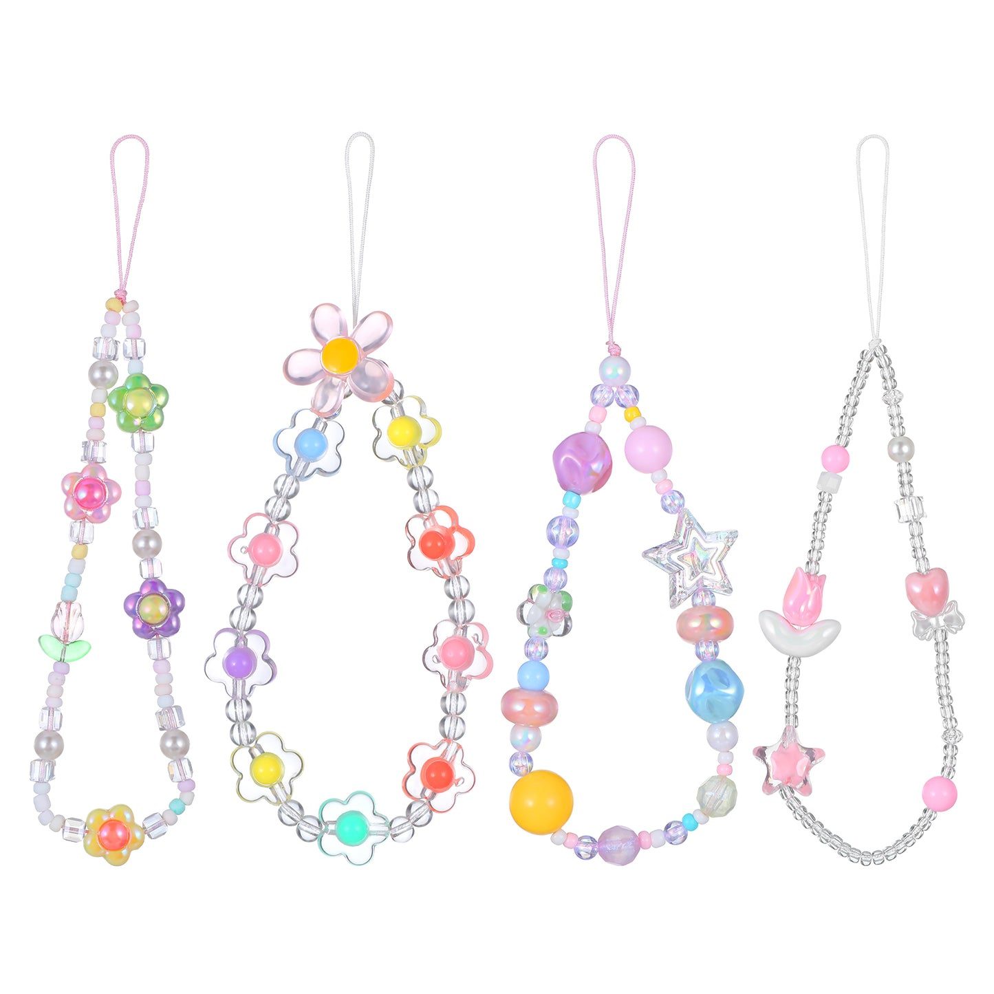 Telooco 4Pcs Beaded Phone Charms Strap Y2K Flower Heart Bear Star Phone Wrist Lanyard Cute Camera Charm Strap for Camera Keychain Wallet Pendant Decor