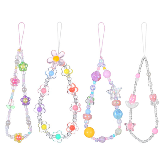 Telooco 4Pcs Beaded Phone Charms Strap Y2K Flower Heart Bear Star Phone Wrist Lanyard Cute Camera Charm Strap for Camera Keychain Wallet Pendant Decor