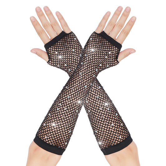 HaiFafafaing Fishnet Gloves Fingerless Mesh Gloves Long Rhinestone Neon Fingerless Fishnet Gloves Fish Net Arm Sleeves 80s Party Cosplay Costume Theme Halloween Accessories(Black)
