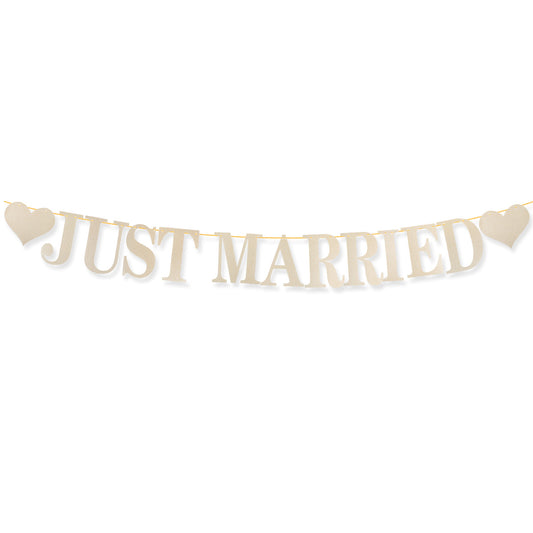 Just Married Banner, Pre-Strung Garland Just Married Decorations Glitter Gold Garland with Glitter Letters and Hearts Wedding Banner for Bridal Wedding Shower Bachelor Party Car Decoration
