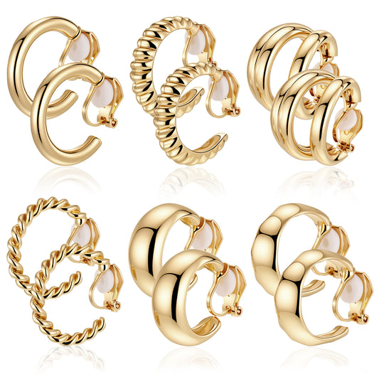 6 Pairs Clip Earrings for Women, Gold Clip on Earrings for Women with Knotted, Twisted, Chunky Earring, Clips on Earing, No Ear Piercing Required