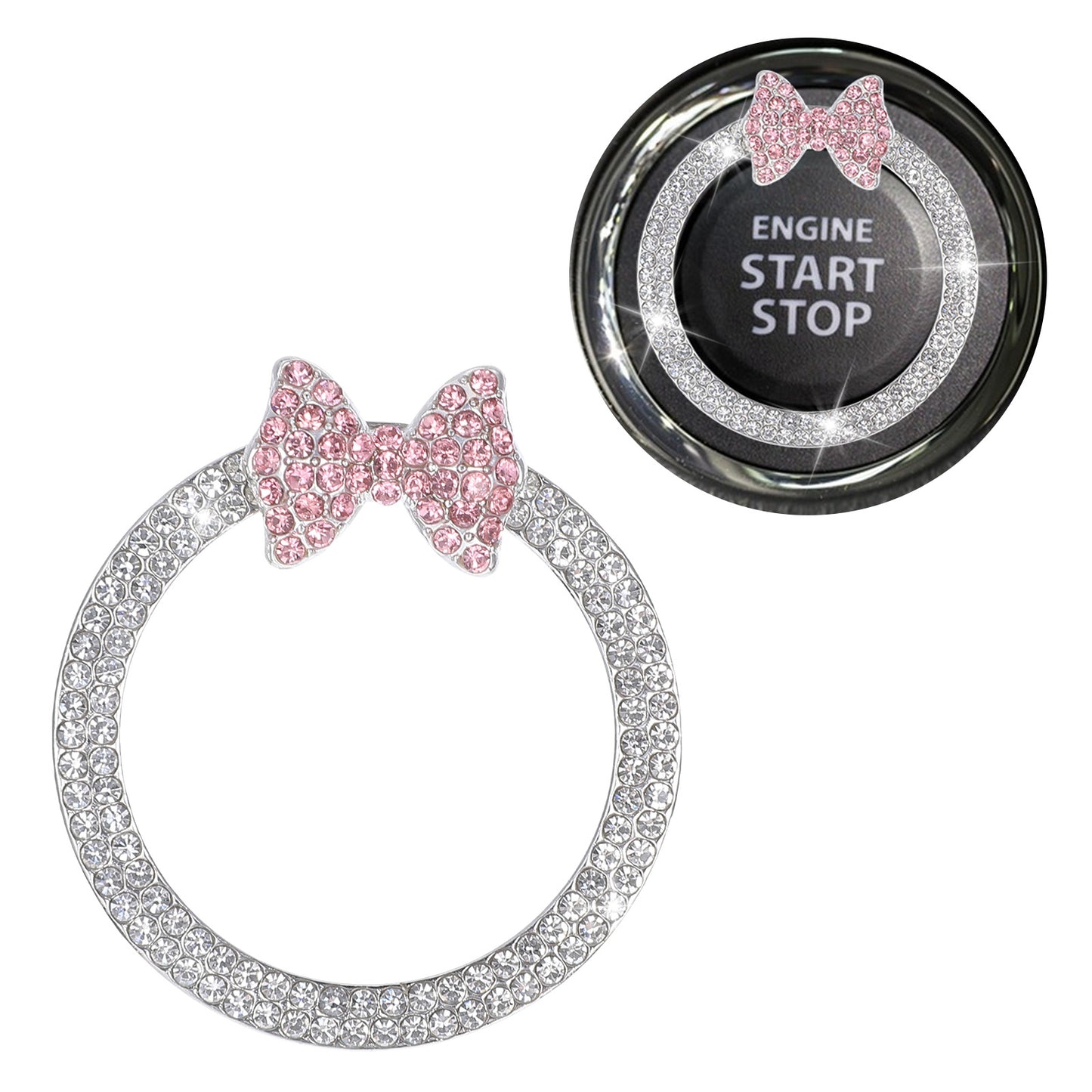Tucnoeu Bling Ring Emblem Car Accessories - Push Start Button Cover Decor with Rhinestone Crystal for Car Buttons & Knobs, Pink Bow Charm