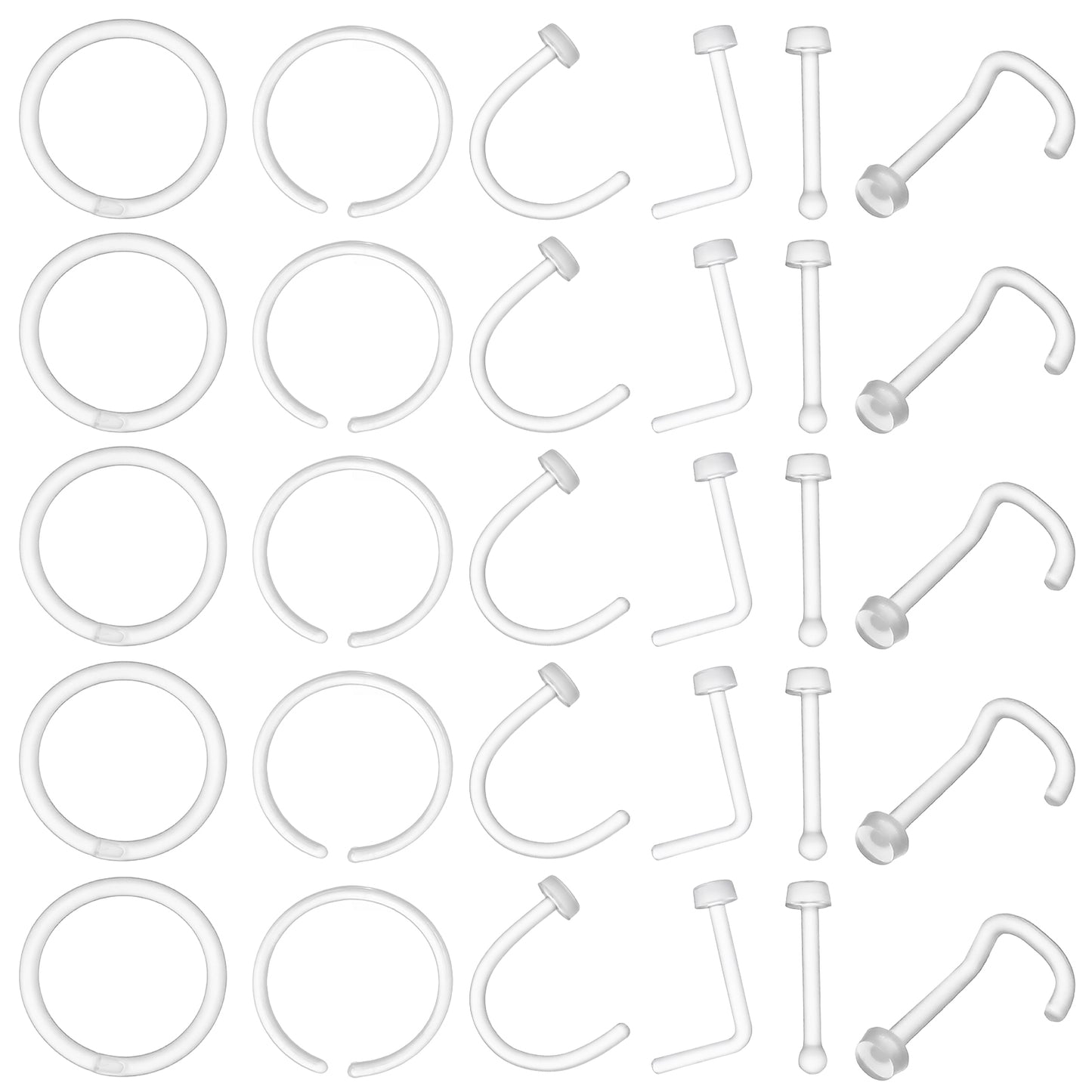 HekouJiub 30 Pcs Clear Nose Piercing Acrylic Piercing Retainers Flexible Clear Nose Ring, Lip Ring, Tongue Rings, Ear Cartilage Rings, Invisible Comfortable