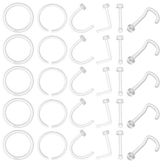 HekouJiub 30 Pcs Clear Nose Piercing Acrylic Piercing Retainers Flexible Clear Nose Ring, Lip Ring, Tongue Rings, Ear Cartilage Rings, Invisible Comfortable