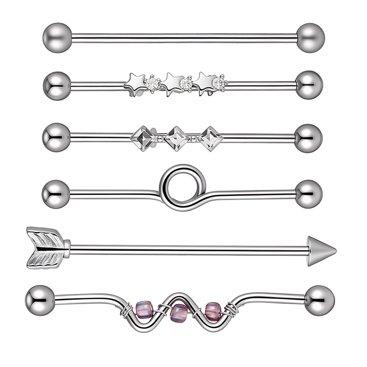 Tucnoeu 6pcs 14G Industrial Piercing Jewelry, Cartilage Helix Piercing Earring, Surgical Steel Industrial Barbell Earrings, Silver for Women Men