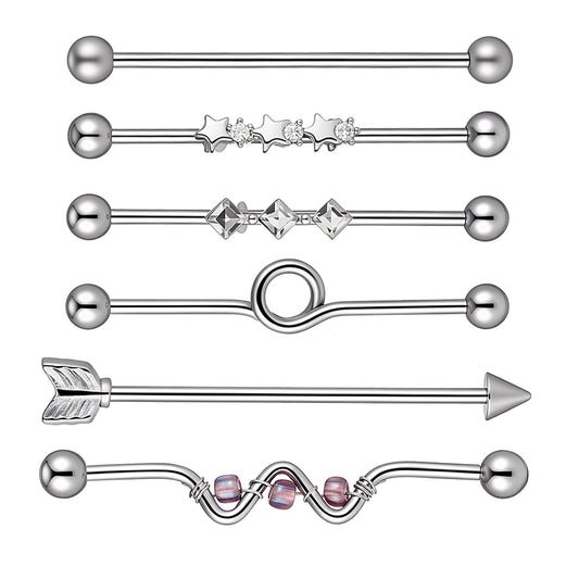 Tucnoeu 6pcs 14G Industrial Piercing Jewelry, Cartilage Helix Piercing Earring, Surgical Steel Industrial Barbell Earrings, Silver for Women Men