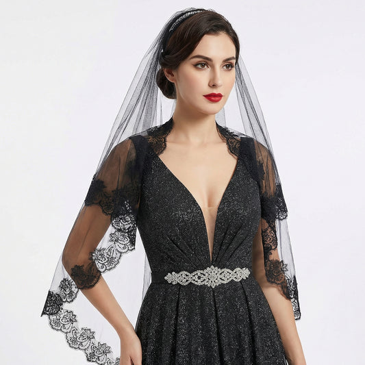 Josojoou Long Black Lace Veil, Embroidered Floral Edge Wedding Bridal Veil, Halloween Prom Gothic Veils, Black Sheer Cape for Women Cosplay Vampire Costume Wedding