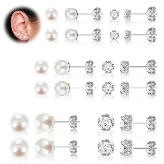 6 Pairs 925 Sterling Silver Stud Earrings for Women Hypo-allergenic Pearl Earring Cubic Zirconia Earrings Studs Diamond Stud Set Dainty Silver Earring Studs Set for Multiple Piercing