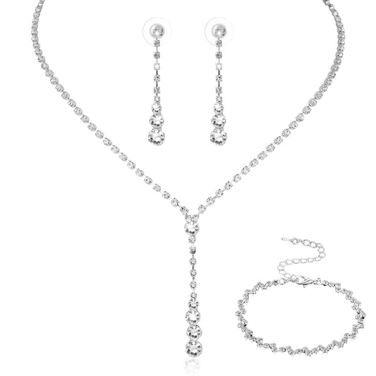 HaiFafafaing Rhinestone Necklace and Earring Set - Teardrop Necklace, Bracelet, Dangle Earrings - Wedding Prom Accessories for Women
