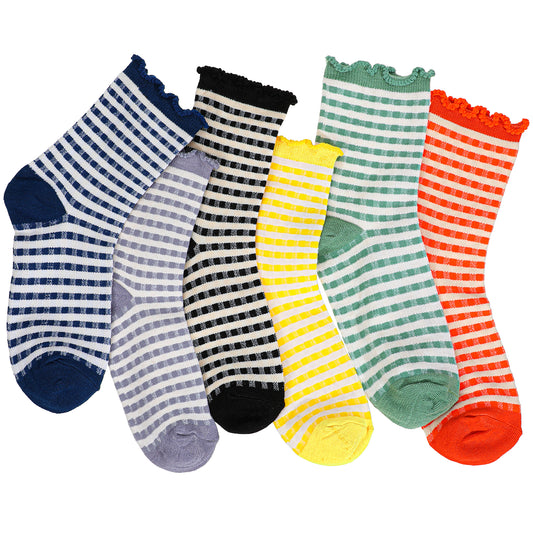 Josojoou 6Pairs Ruffle Ankle Socks Women, Cute Checkered Socks, Cotton Frilly Casual Short Crew Sock for Women Girls（6.5-8.5 US Size）