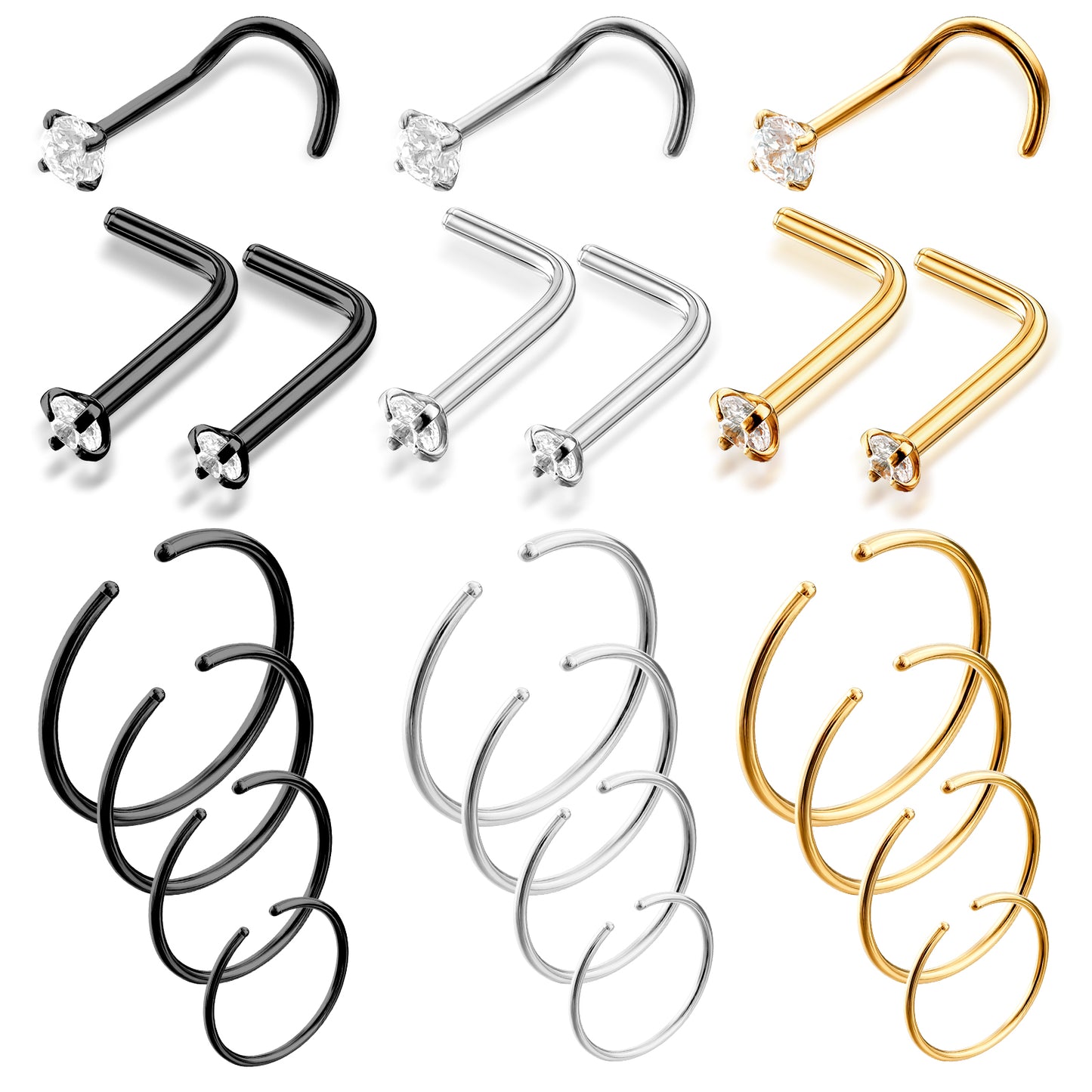 Tucnoeu 21Pcs Hoop Nose Rings, Surgical Steel Hoop Stud Set, Silver Gold Black Nostril Piercing Jewelry, Corkscrew L Shaped Nose Rings 6mm 8mm 10mm 12mm