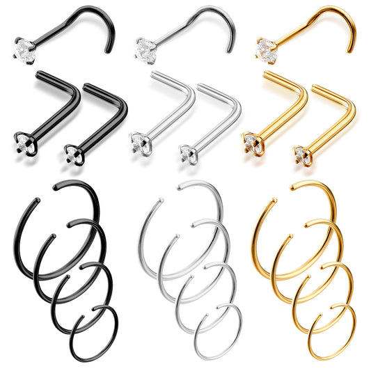 Tucnoeu 21Pcs Hoop Nose Rings, Surgical Steel Hoop Stud Set, Silver Gold Black Nostril Piercing Jewelry, Corkscrew L Shaped Nose Rings 6mm 8mm 10mm 12mm