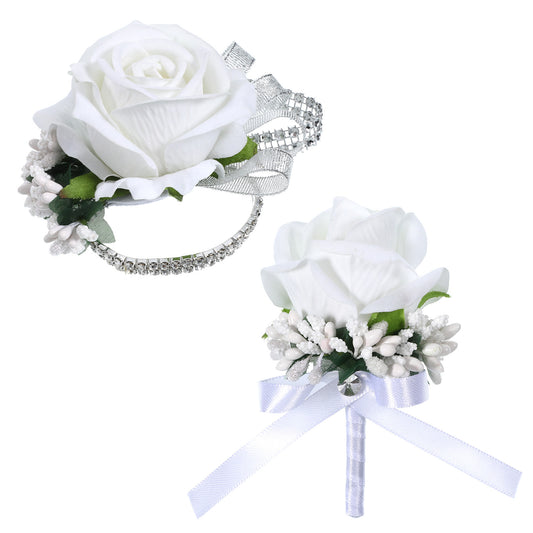 Lusofie 2 Pcs White Rose Corsage and Boutonniere Set Corsage Wristlet Prom Flower Wrist Corsage Rhinestones Corsage Wristlet Band for Wedding Prom Homecoming