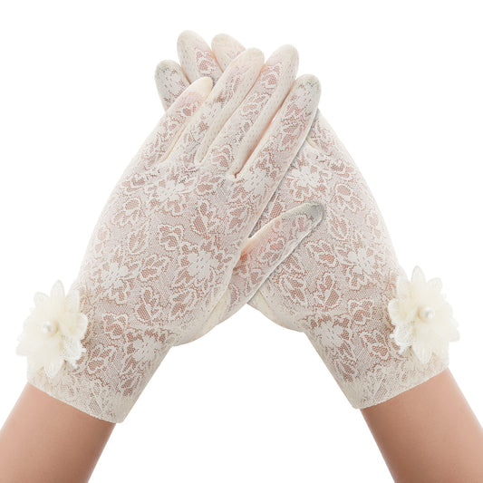 Lace Gloves Women Tea Party Gloves Elegant Short Floral Gloves Wrist Length Bridal Sunblock Wedding Gloves for Halloween Wedding Party Opera Prom Dinner Evening Cosplay Funeral Masquerade(Skin Color)