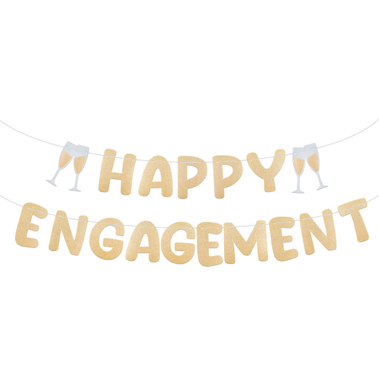 Gold Glitter Happy Engagement Banner, Engagement Decorations, Bachelorette Party Decorations, Pre Strung Engagement Party Banner Engaged Banner for Congratulations (Champagne Gold)