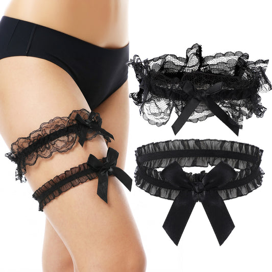 Gemoioio 2Pcs Lace Thigh Garter, Bow Black Garter, Bowknot Elastic Leg Garters, Sexy Wedding Garters for Bride Women Party Dance Birthday Prom