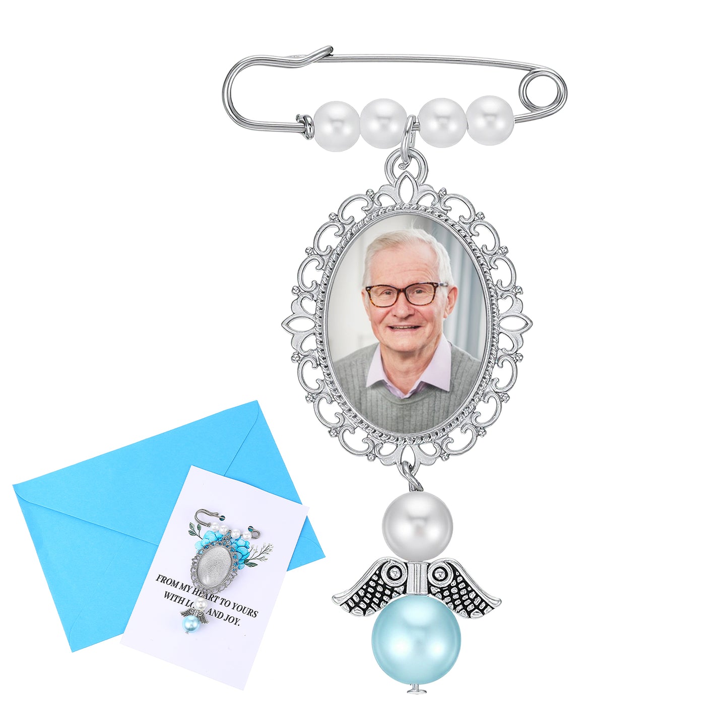 DIVINA VITAE Wedding Bouquet Photo Locket Charm, Something Blue Gift for Bride, Memorial Remembrance Pin with Guardian Angel Charm, DIY Bride Brooch for Wedding Bouquet Accessories