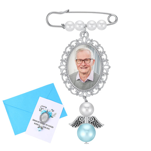 DIVINA VITAE Wedding Bouquet Photo Locket Charm, Something Blue Gift for Bride, Memorial Remembrance Pin with Guardian Angel Charm, DIY Bride Brooch for Wedding Bouquet Accessories