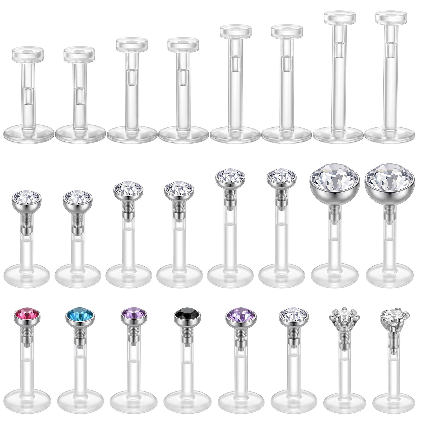 24 Pcs Clear Lip Rings Studs 16G Clear Push Top Piercing Retainers Earrings For Work Surgery Sport Plastic Push in Lip Labret Bioflex Flat Back Tragus Helix Catilage Conch Earrings 6mm 8mm 10mm 12mm
