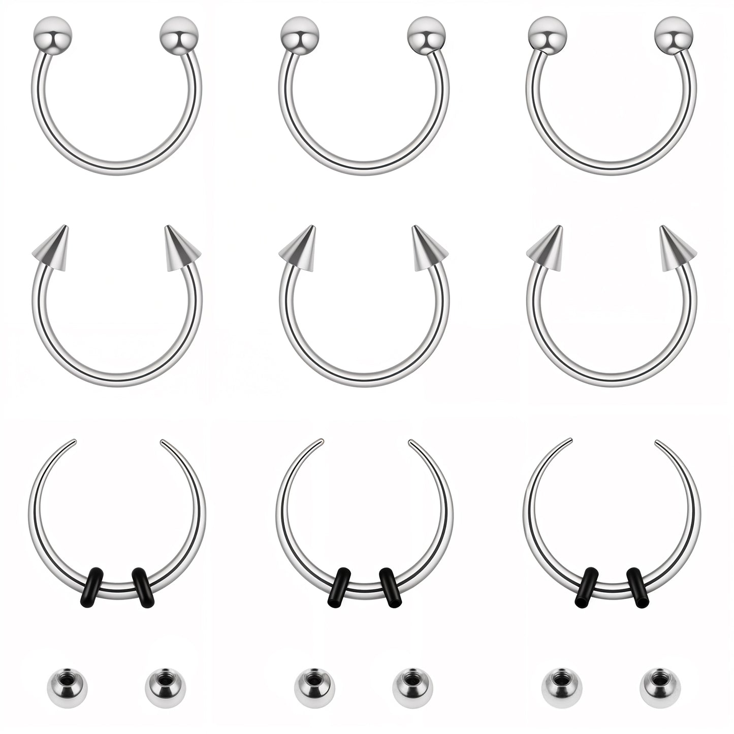9PCS Septum Rings Stainless Steel Septum Nose Rings for Women Man Eyebrow Helix Cartilage Horseshoe Nose Ring with Replacement Ball Silver Piercing Jewelry 10mm