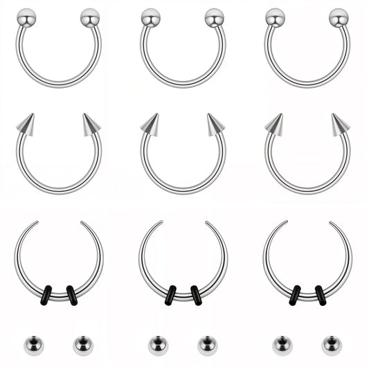 9PCS Septum Rings Stainless Steel Septum Nose Rings for Women Man Eyebrow Helix Cartilage Horseshoe Nose Ring with Replacement Ball Silver Piercing Jewelry 10mm