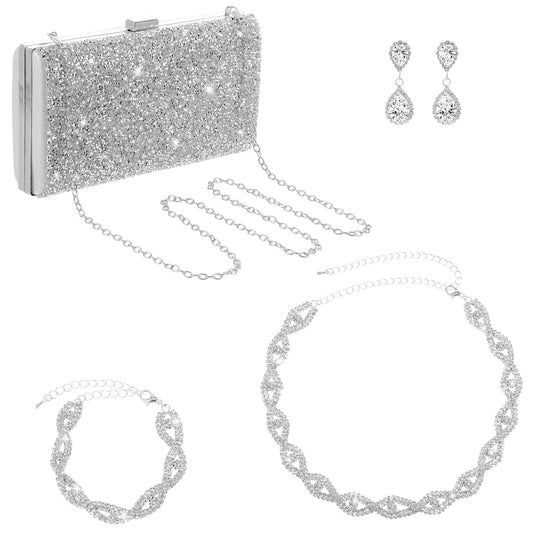 Yolev Bridal Jewellery Set with Silver Clutch Bag for Weddings Rhinestone Necklace, Bracelet, Earrings, Prom Jewelry for Brides & Bridesmaids