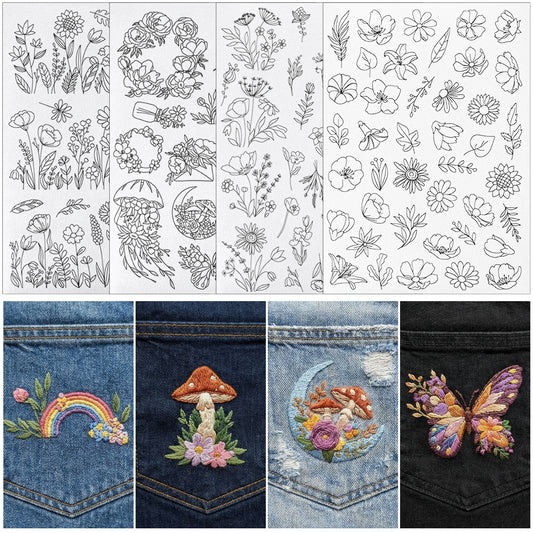 Water Soluble Embroidery Patterns Stabilizers, Pre-Printed Floral Designs, Stick and Stitch Paper, Set of 8 Sheets, 210 Pcs, for Hand Sewing
