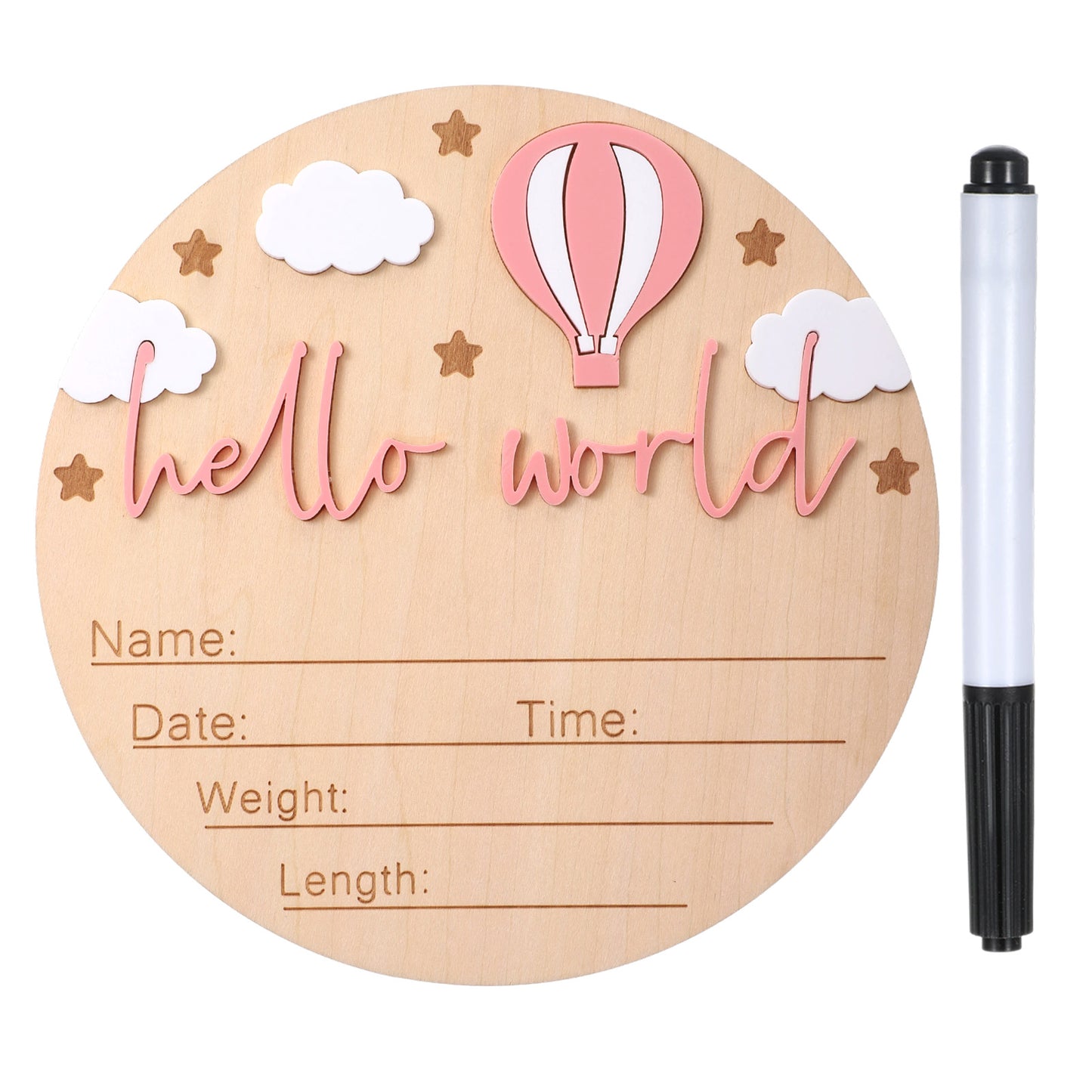 Hello World Newborn Sign with Pen - 6 Inch Wooden Baby Announcement Sign for Hospital Birth Photos, Gender Reveal, Newborn Announcement Signs Keepsake, Hot Air Balloon & Cloud Design (Pink)