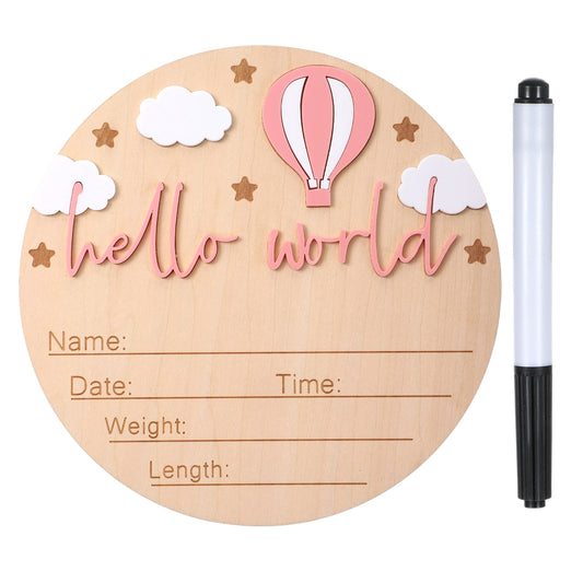Hello World Newborn Sign with Pen - 6 Inch Wooden Baby Announcement Sign for Hospital Birth Photos, Gender Reveal, Newborn Announcement Signs Keepsake, Hot Air Balloon & Cloud Design (Pink)
