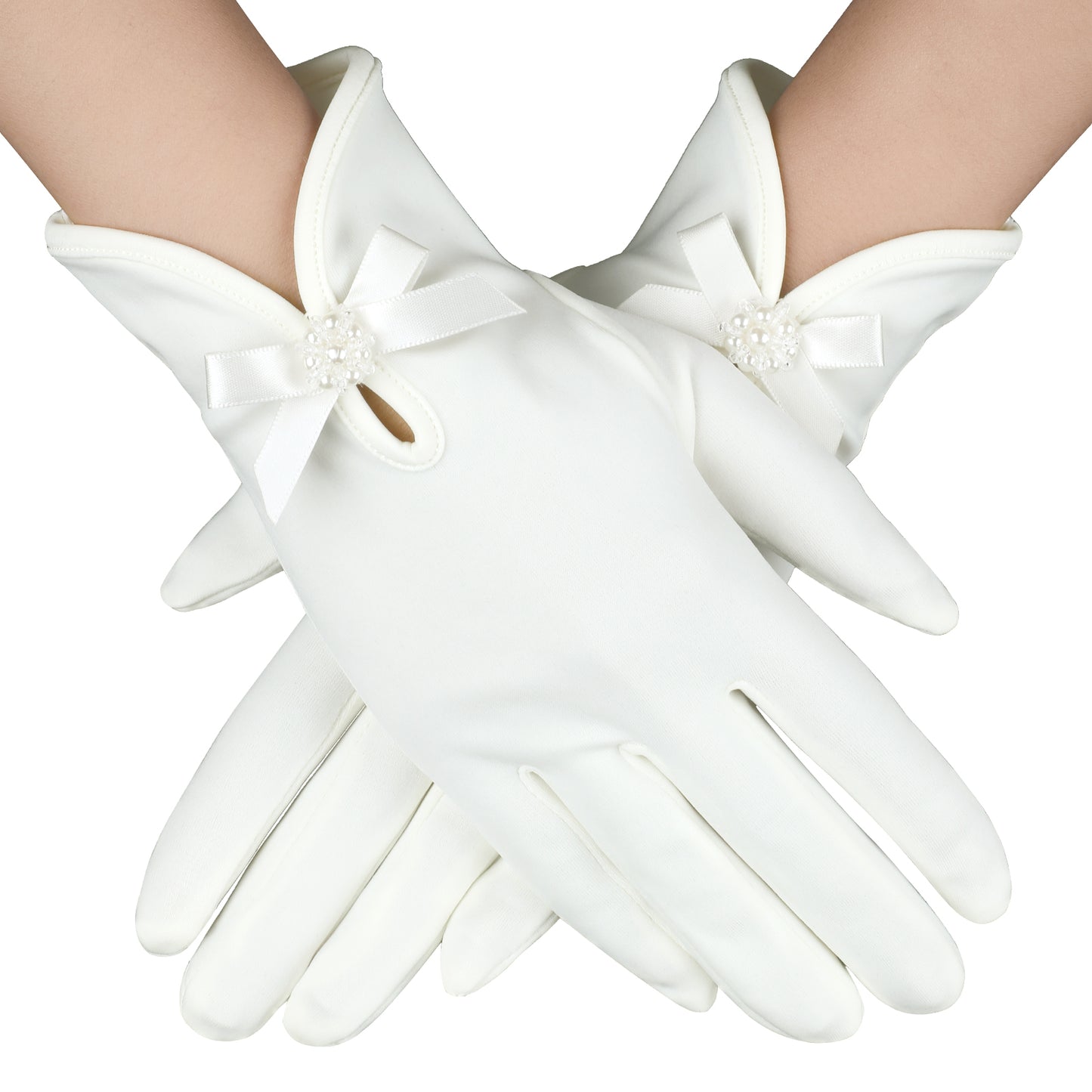 HaiFafafaing Short Satin Gloves Wrist Length Dress Gloves White Women's Opera Gloves Bow Gloves 1920s Bridal Banquet Tuxedo Stretchy Gloves for Wedding Opera Tea Party