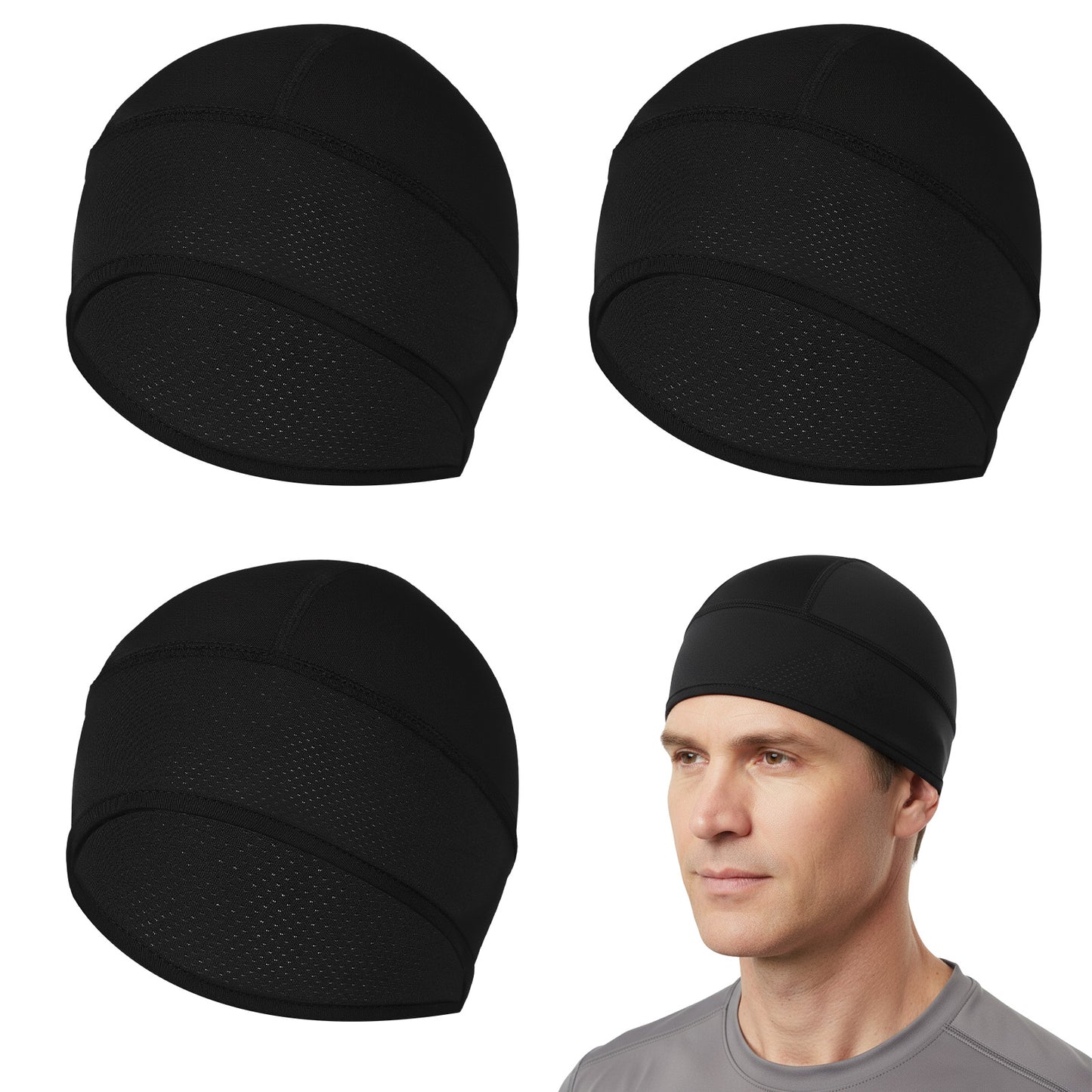 Josojoou 3Pcs Cooling Hard Hat Liner Skull Caps Breathable Mesh Helmet Liner Lightweight Sweat Wicking Cycling Running Hat for Men Women(Black)
