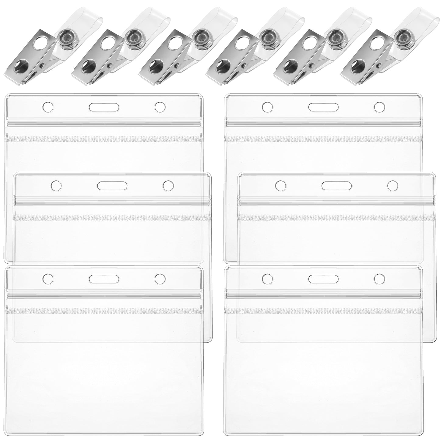 6pcs Badge Holder Horizontal with Clip Waterproof Clear ID Badge Holder PVC Name Holder Resealable Zip Badge Protector for Proximity Key Card Driver’S License and Credit Card