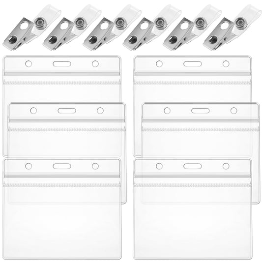 6pcs Badge Holder Horizontal with Clip Waterproof Clear ID Badge Holder PVC Name Holder Resealable Zip Badge Protector for Proximity Key Card Driver’S License and Credit Card
