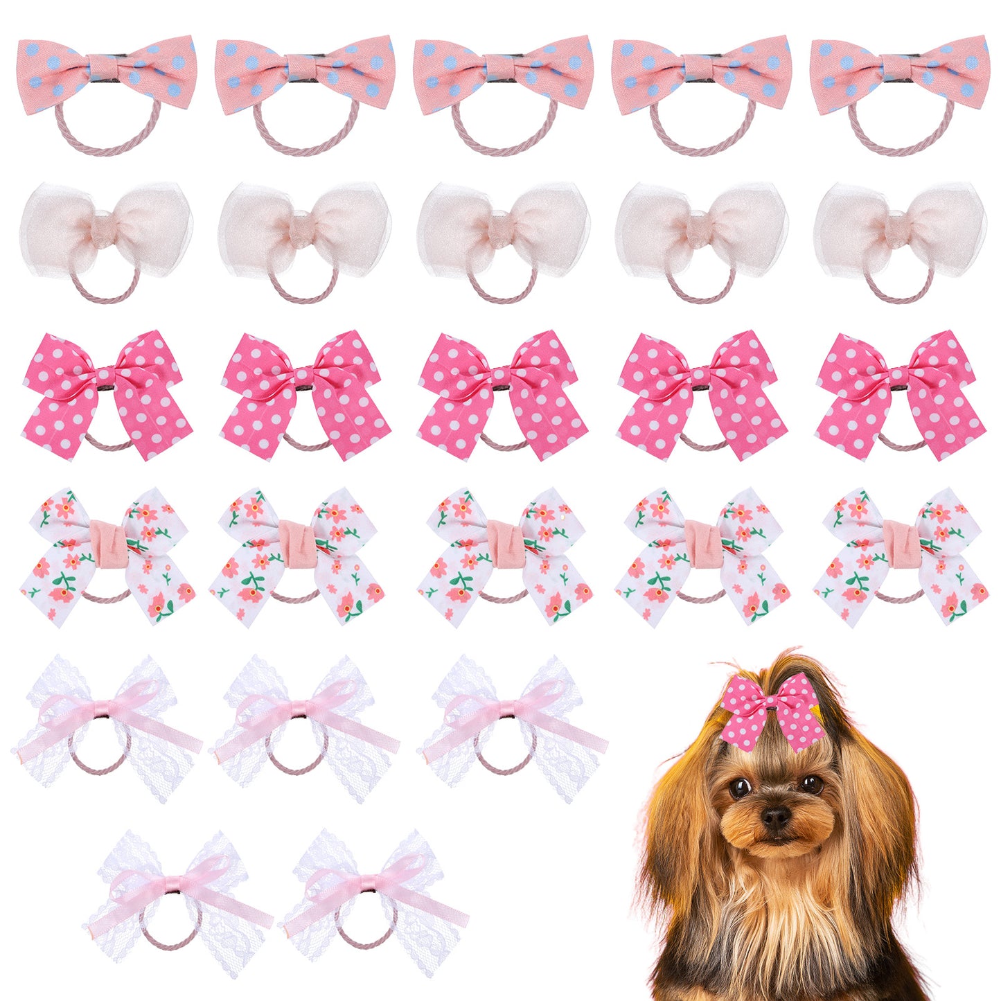 Tucnoeu 20 Pcs Dog Hair Bows, Dog Bows with Rubber Bands, Puppy Hair Bow Mix Styles Elastic Handmade Mix Style Lace Pet Grooming Rubber Bands Dogs Hairs Accessories for Furry Puppy Cat Pet
