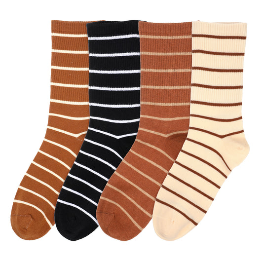 Yolev 4 Pairs Striped Socks Cute Crew Socks for Women Cotton Soft Striped Crew Sock Vintage Fashion Striped Socks for Women (Size 5-9)