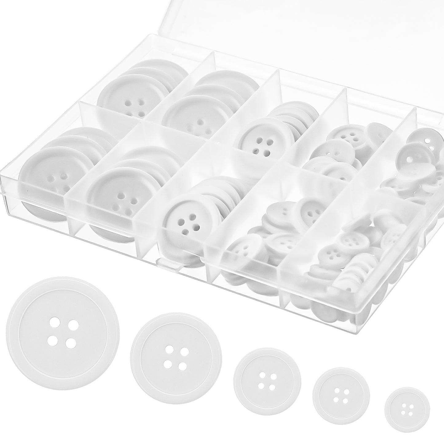 Lusofie 100Pcs White Buttons Round Resin Buttons for Sewing 4-Hole Mixed Buttons for Crafts Suit Coat Shirt DIY with Compartment Storage Box(5 Sizes)