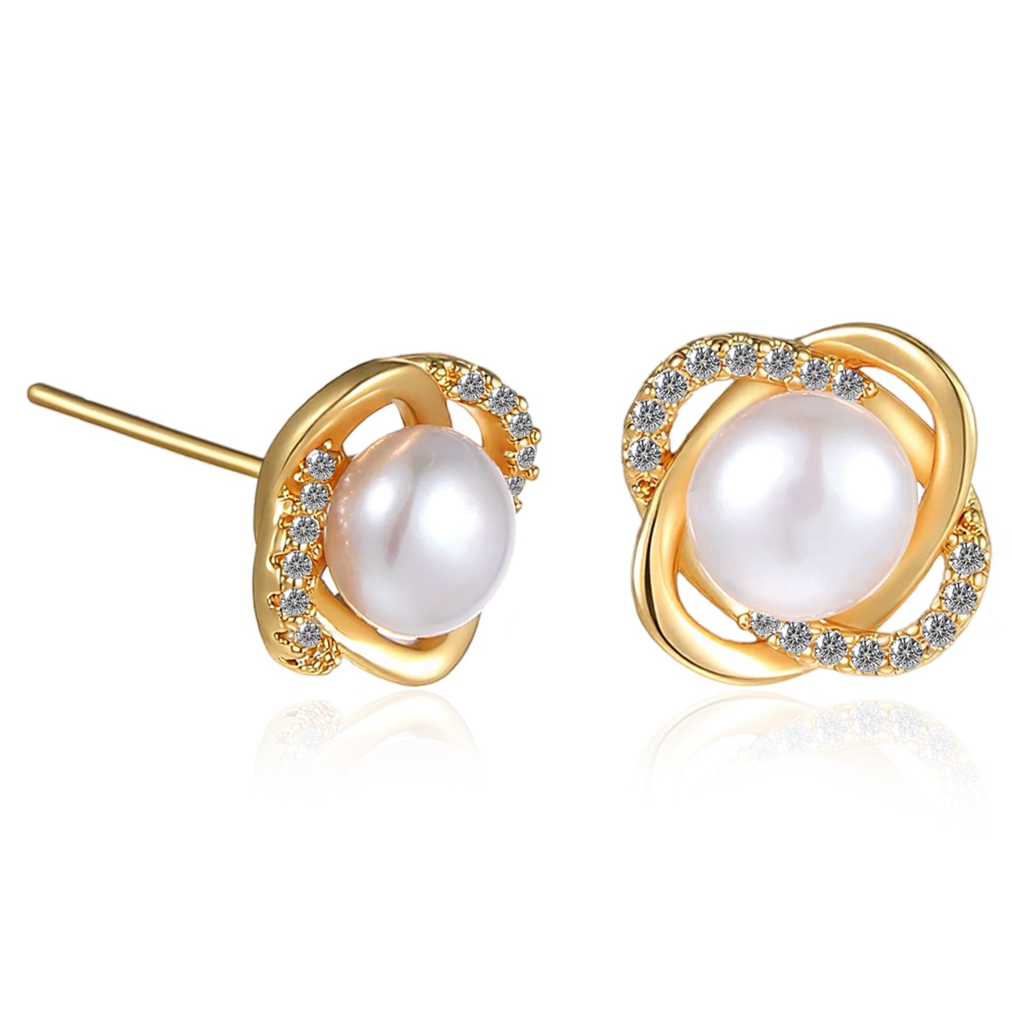 Yolev Pearl Stud Earrings for Women Gold Knot Pearl and Diamond Earrings Cute Elegant Small Pearls Earrings 18K Gold Plated Sterling Silver Post with two earplugs for Bridal Wedding Prom Jewelry Gift