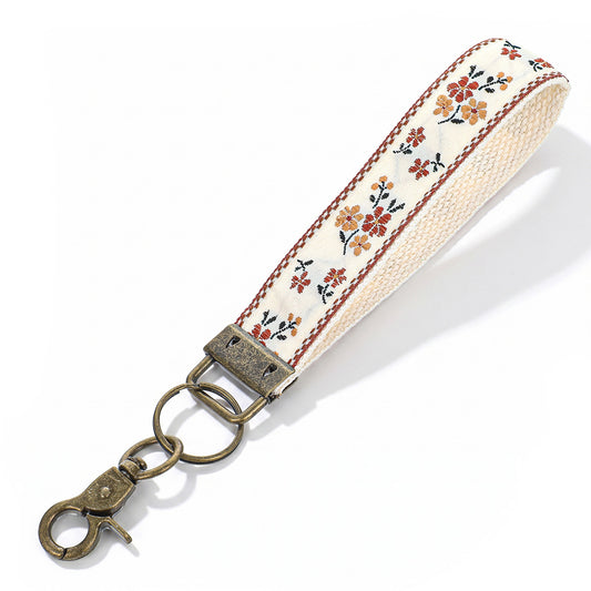 DIVINA VITAE Handmade Double-Sided Embroidered Wristlet Keychain For Women, Cotton And Brass Fabric Key Ring Lanyard With Metal Clasp, Cute Floral Key Holder For Car And Purse Accessories