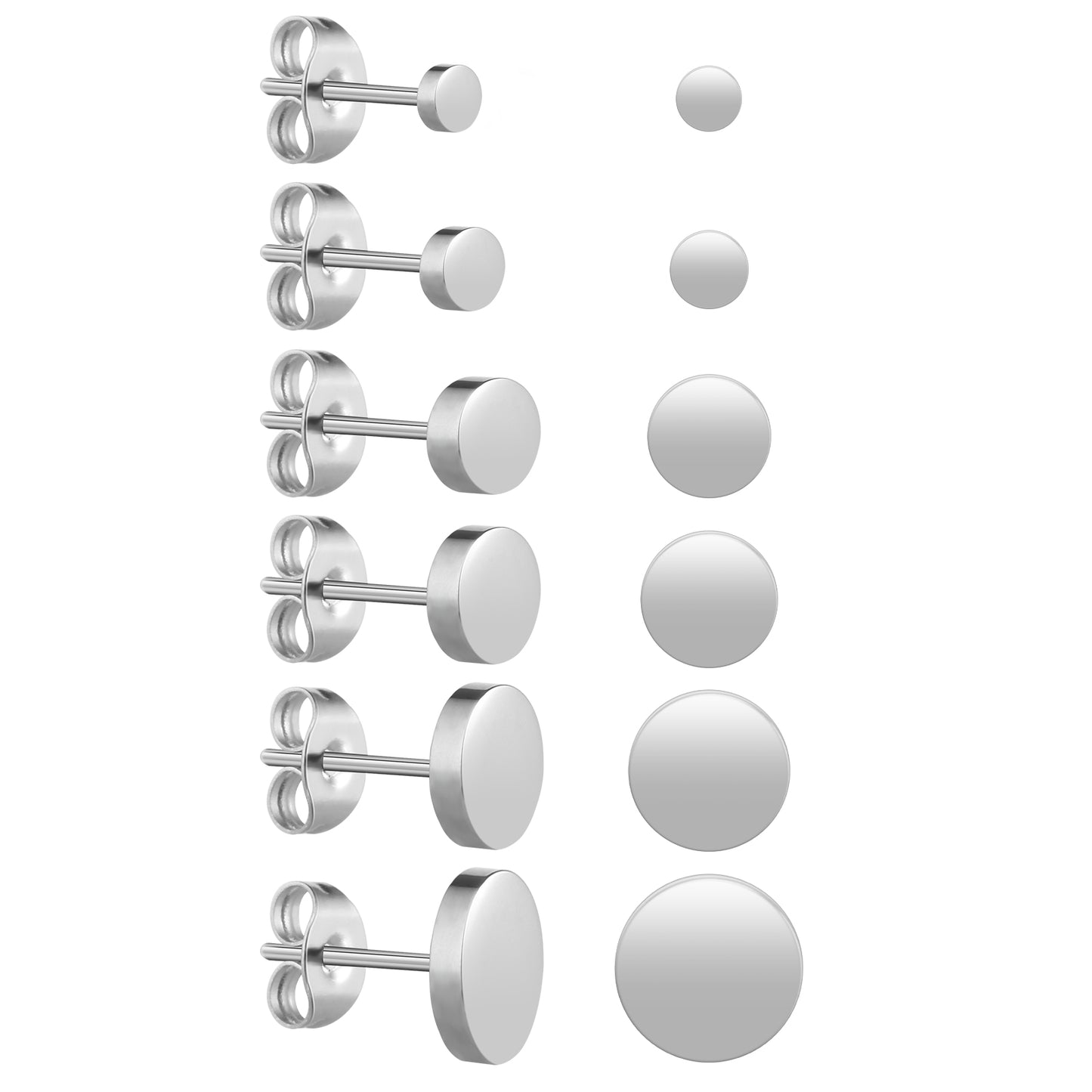 6 Pairs Dot Stud Earrings Silver Round Disc Stud Earrings Stainless Steel Ear Studs for Women Men (3 mm-8 mm)