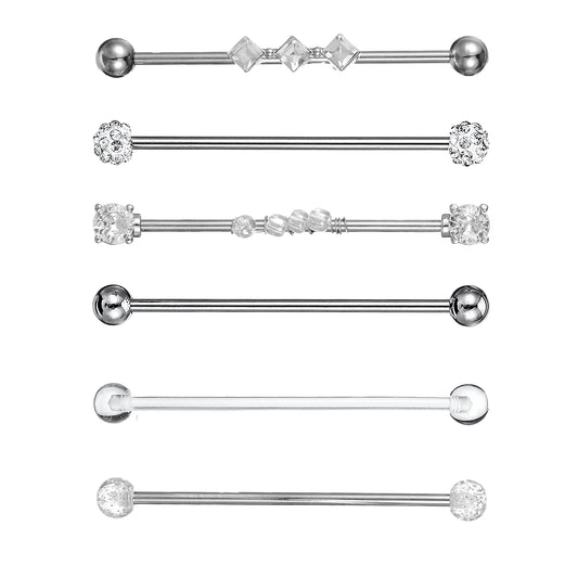 Tucnoeu 6pcs Industrial Piercing Jewelry, Cartilage Helix Piercing Earring, Surgical Steel Industrial Barbell Earrings, Silver for Women Men