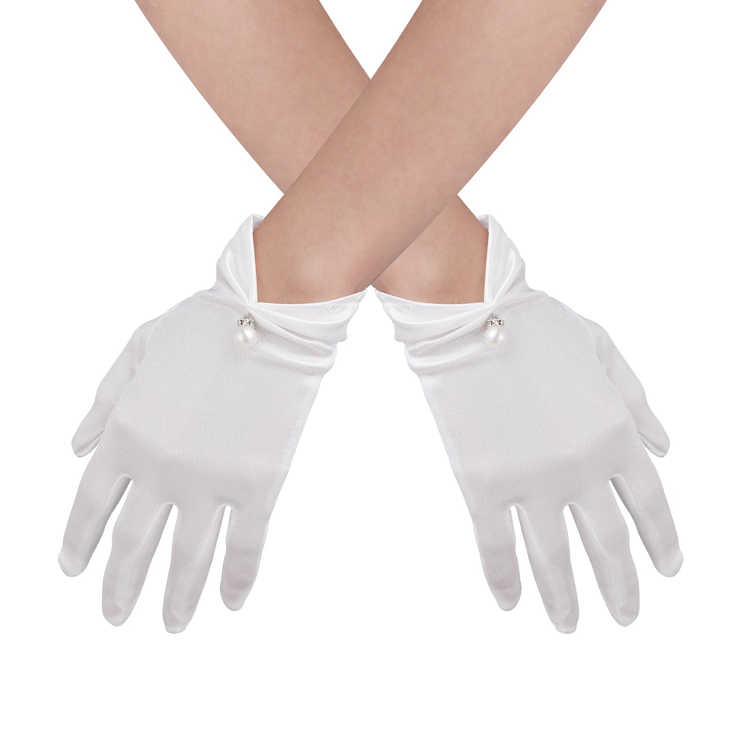 HaiFafafaing Short Satin Gloves White Gloves Women Wrist Length Satin Wedding Gloves 1920s Pearl Bridal Gloves Banquet Opera Tea Party Tuxedo Uniform dress gloves for Women and Girls (White)
