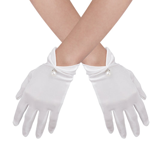 HaiFafafaing Short Satin Gloves White Gloves Women Wrist Length Satin Wedding Gloves 1920s Pearl Bridal Gloves Banquet Opera Tea Party Tuxedo Uniform dress gloves for Women and Girls (White)