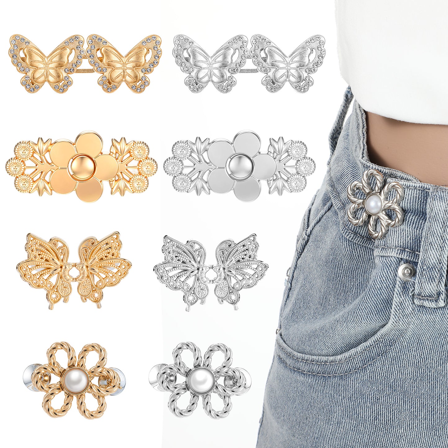 Telooco 8 Sets Pant Waist Tightener Adjustable Waist Knots for Pants Jeans Clips to Tighten Detachable Butterfly Flower Buttons Pins for Loose Clothing Decorative
